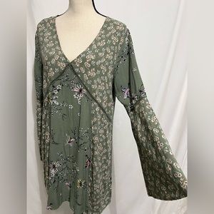Love Fire Green Floral Bird Print Long Sleeve Dress Tunic